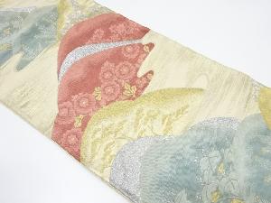 アンティーク　山並に桐・草花模様織り出し袋帯（材料）